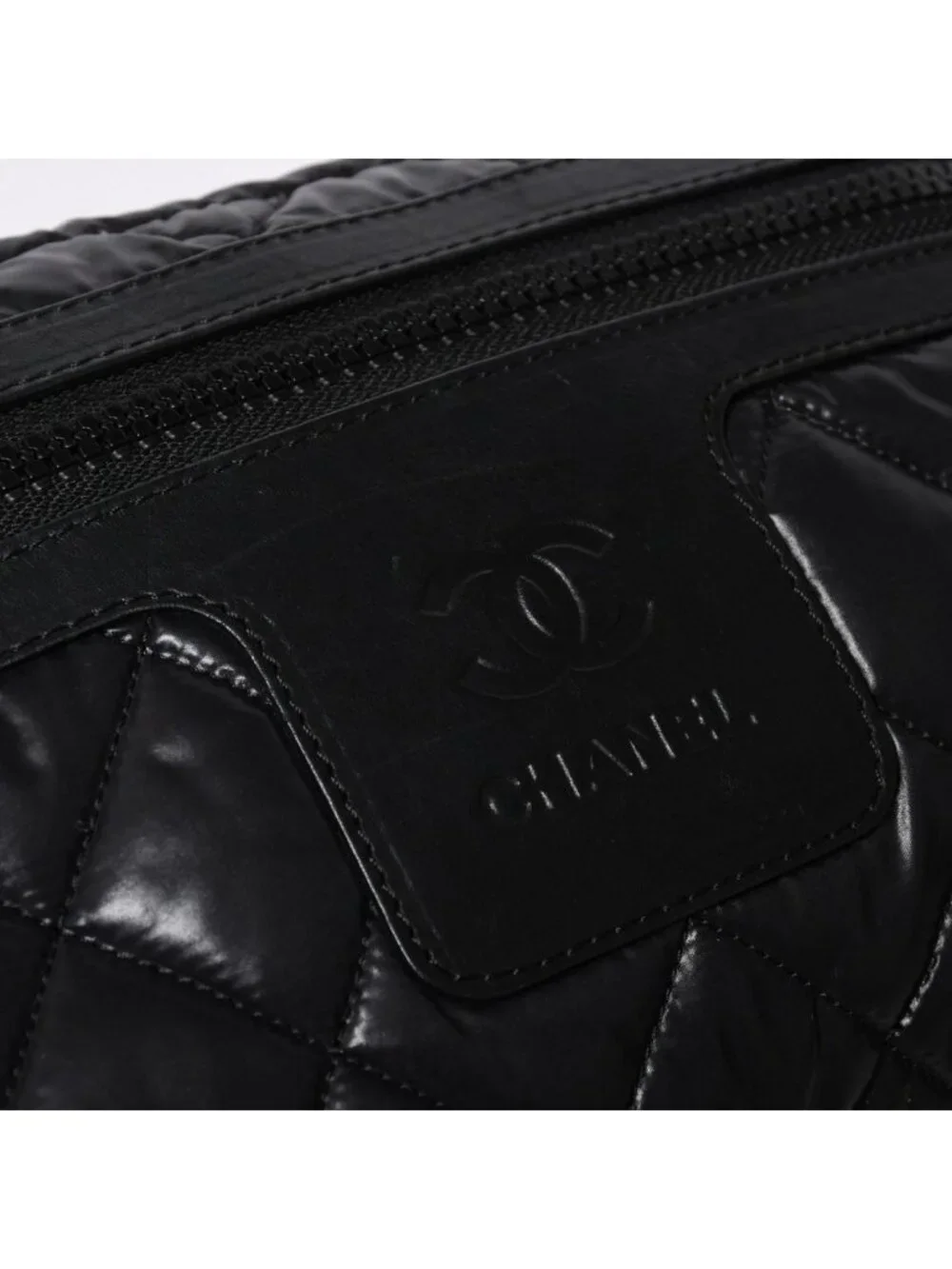 Chanel Coco Cocoon Clutch Black Nylon Calfskin Makeup Pouch Silver